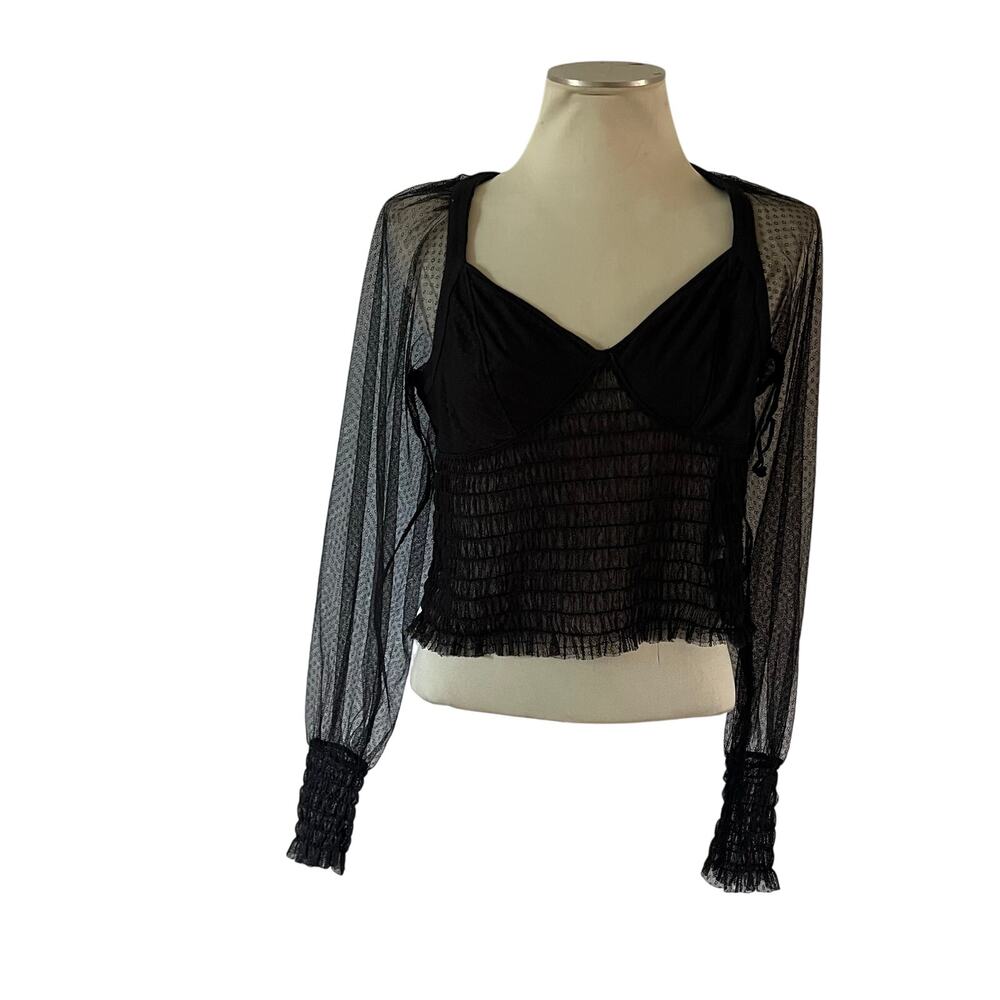 Free People Black Mesh Open Back Long Sleeve Blouse Top Sz L Whimsygoth Witchy